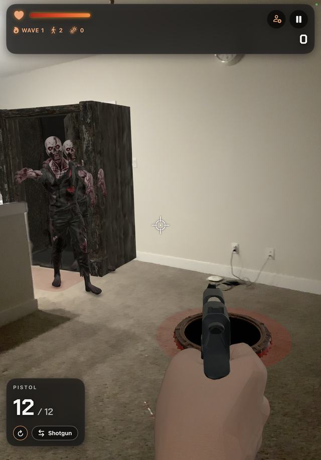 Two zombies walk out of a doorway in a living room.